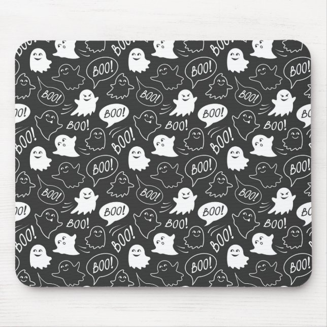 B&W Cute Doodle Halloween Pattern Mouse Mat (Front)