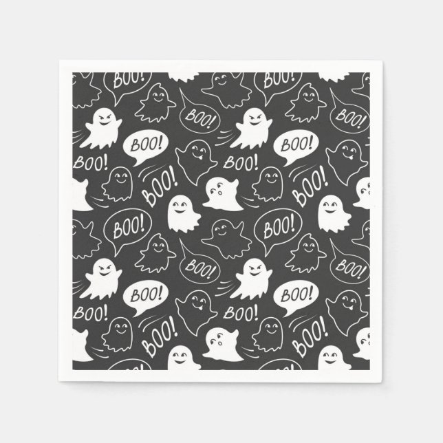 B&W Cute Doodle Halloween Pattern Napkin (Front)