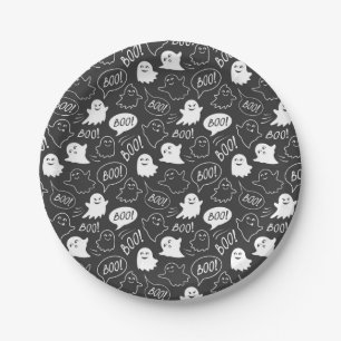 B&W Cute Doodle Halloween Pattern Paper Plate