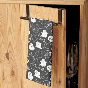 B&W Cute Doodle Halloween Pattern Tea Towel