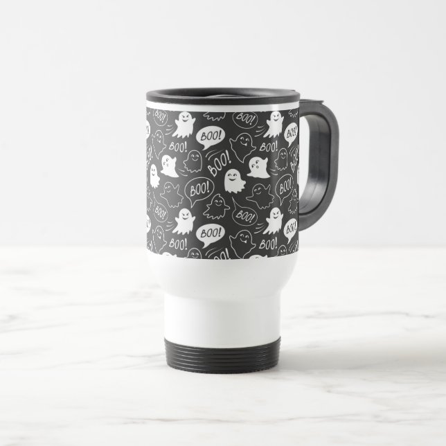 B&W Cute Doodle Halloween Pattern Travel Mug (Front Right)