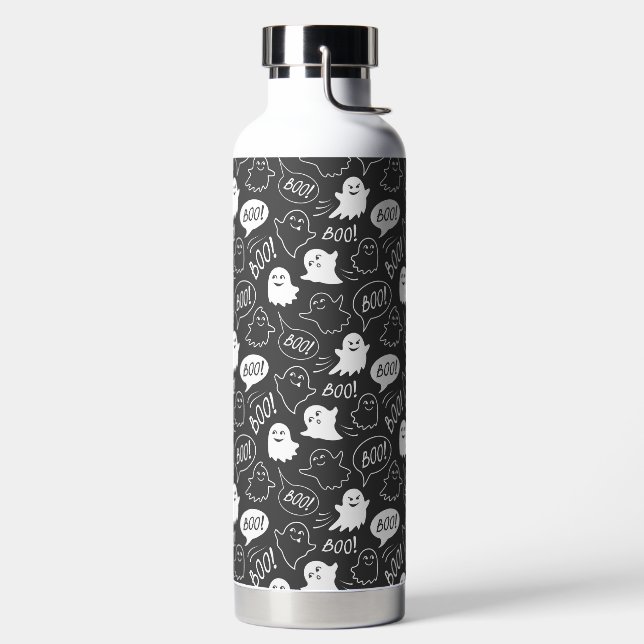 B&W Cute Doodle Halloween Pattern Water Bottle (Left)