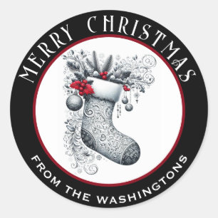 B&W Elegant Stocking Personalised Christmas Classic Round Sticker
