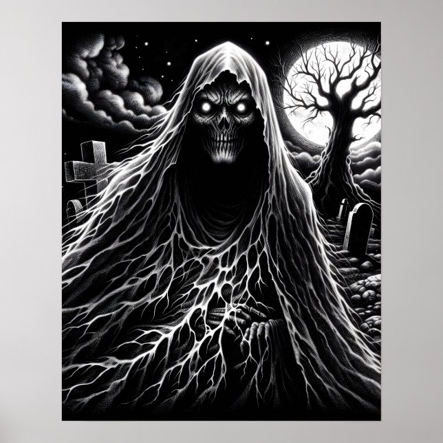 B&W Evil Spirit in Cemetery Creepy Poster (Front)