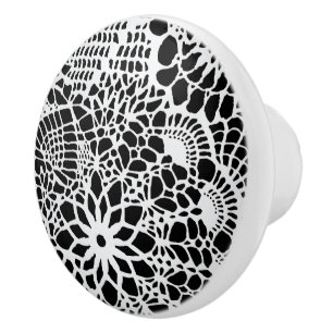 B & W Faux Crochet Pattern Ceramic Knob