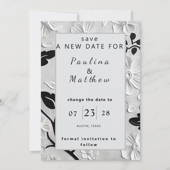 B & W Florals Change the Wedding Date  Invitation (Front)