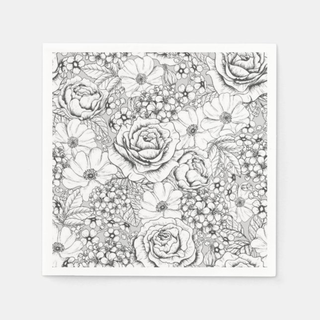 B&W Flower Garden Rose Pattern Napkin (Front)