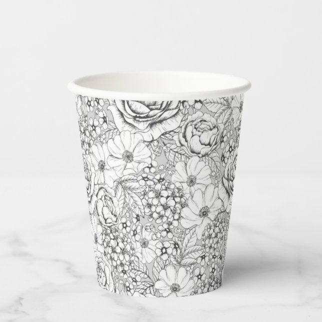 B&W Flower Garden Rose Pattern Paper Cups (Front)