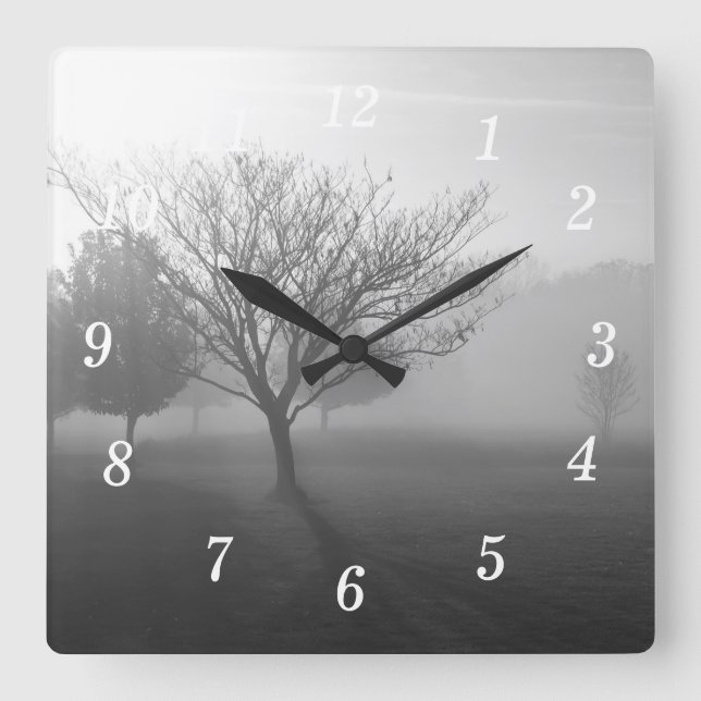 B&W Foggy Morning Sunrise Wall Clock (Front)