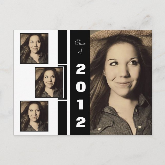 B&W Four Photo Graduation Announcement Postcard (Front)