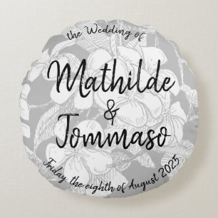B&W Frangipani Bohemian Botanical Modern Wedding Round Cushion