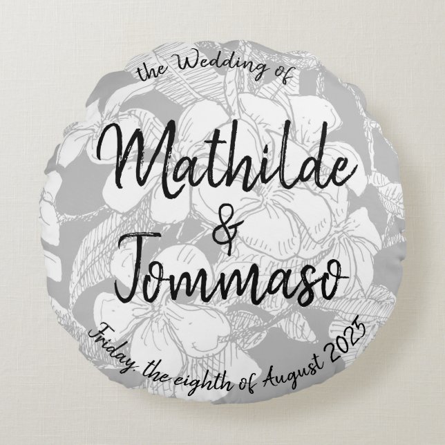 B&W Frangipani Bohemian Botanical Modern Wedding Round Cushion (Front)