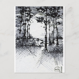 B&W Full Moon in the Forest Sketch Postcard