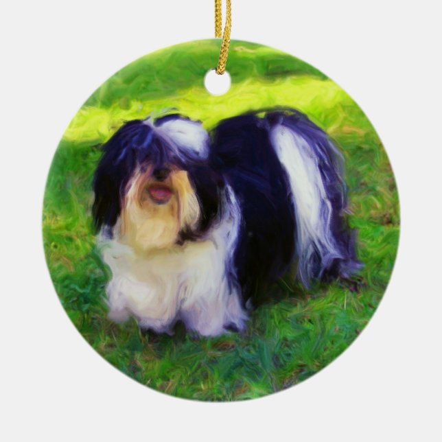 B&W Havanese on Porcelain Holiday Ornament (Front)