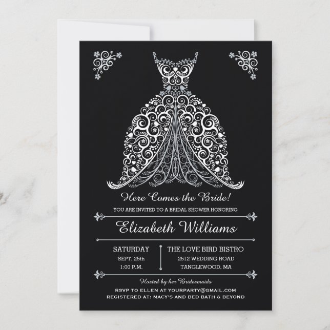 B & W Here Comes the Bride! Bridal Shower Invitation (Front)