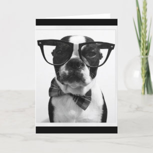 B&W Hipster Nerd Boston Terrier Card