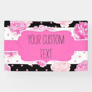 B&W Horizontal Stripes Dots Pink Floral Birthday Banner