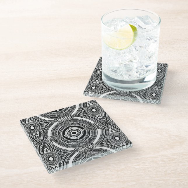 B&W Medallion Motif Glass Coaster (Angled)