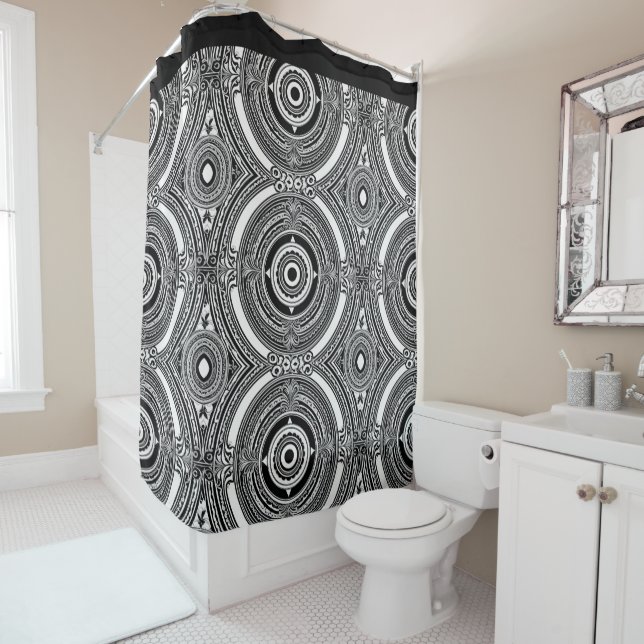 B&W Medallion Motif Shower Curtain (In Situ)