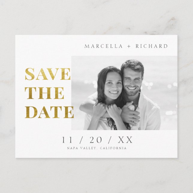 B&W Minimalist Gold Photo Wedding Save The Date Postcard (Front)