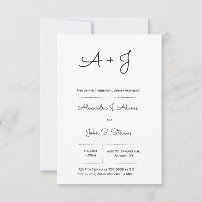 B&W monogram rehearsal dinner invitations (Front)
