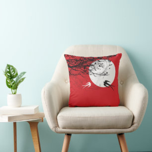 B&W Oriental Swallows Moonlight Tree Branches Cushion