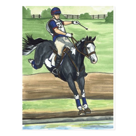 B&W Paint Horse XC into water Eventing Postcard