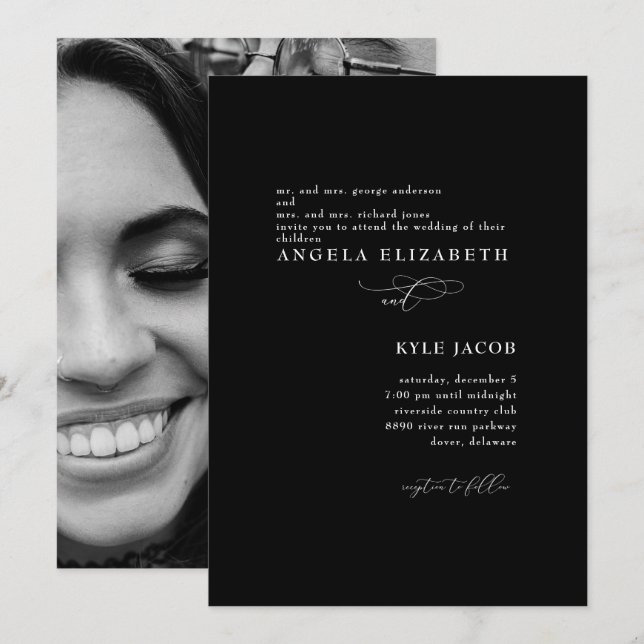 B/W Photo Elegant Black Wedding Invitation (Front/Back)
