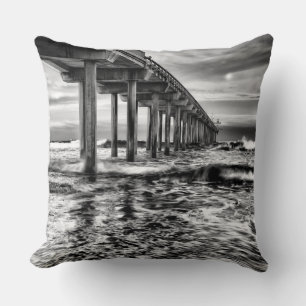 B&W pier at dawn, California Cushion