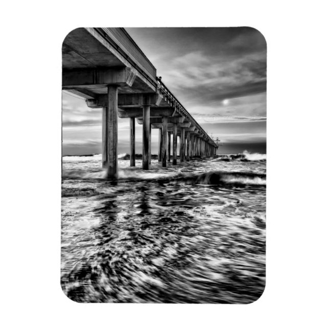 B&W pier at dawn, California Magnet (Vertical)