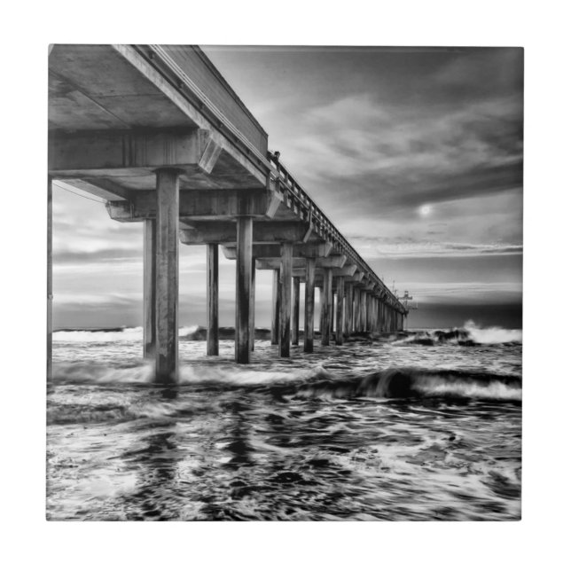 B&W pier at dawn, California Tile (Front)