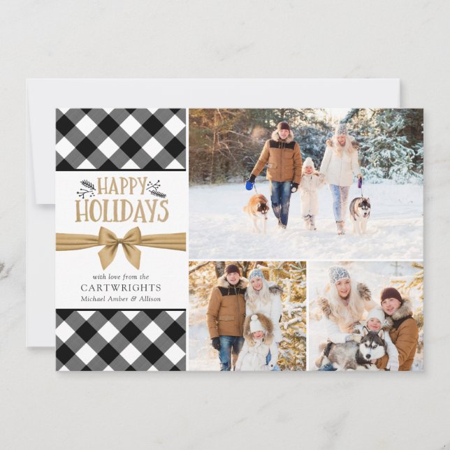 B&W Plaid Buffalo Gold Brown Happy Holidays Holiday Card (Front)