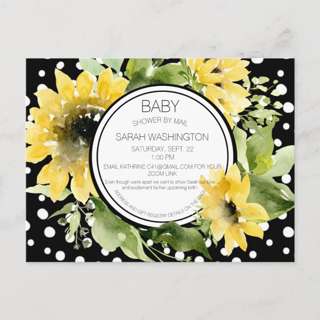 B/W Polka Dotted Sunflower Baby Shower by Mail Invitation Postcard (Front)
