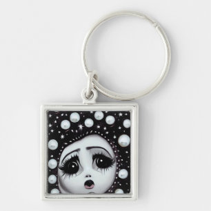 B&W Pop Surrealism Big Eyes Doll Face Key Ring