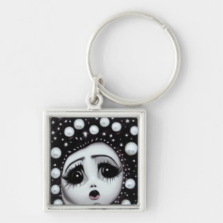 B&W Pop Surrealism Big Eyes Doll Face Key Ring