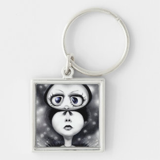 B&W Pop Surrealism Big Eyes Key Ring
