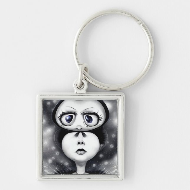 B&W Pop Surrealism Big Eyes Key Ring (Front)