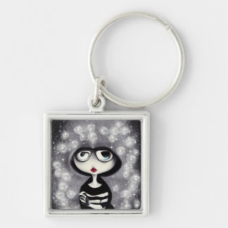 B&W Pop Surrealism Hooded Doll & Pearls Key Ring