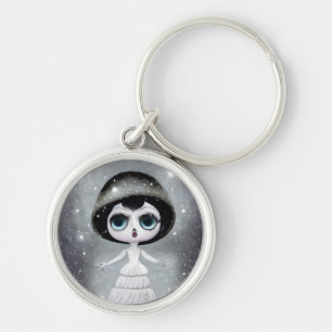 B&W Pop Surrealism White Dress Doll Key Ring