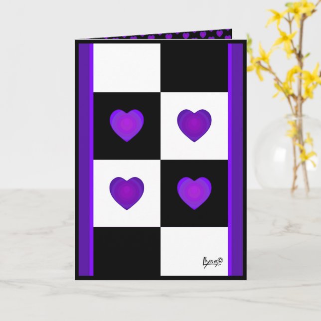 B&W Purple Hearts Beating birthday card (Yellow Flower)