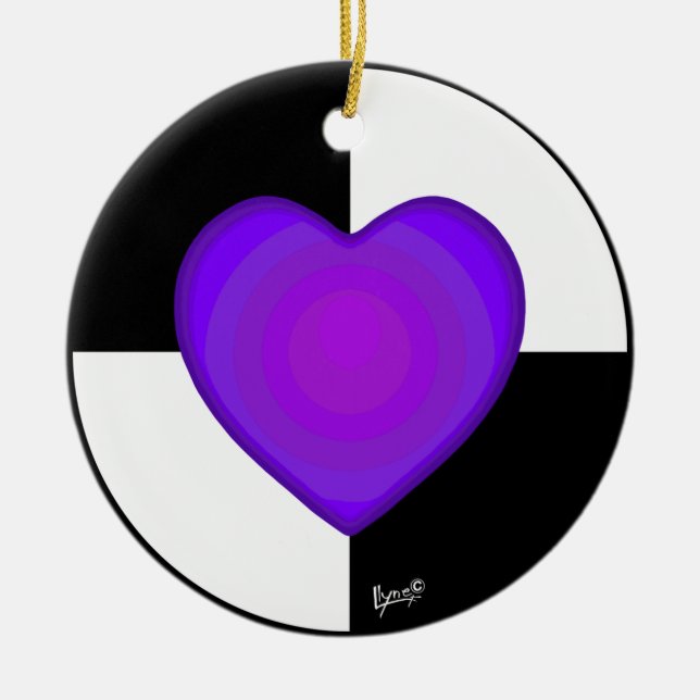 B&W Purple Hearts Beating Ceramic Tree Decoration (Front)