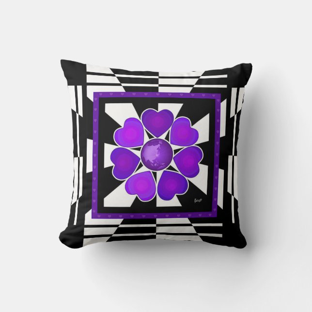 B&W Purple Hearts Beating Cushion (Front)