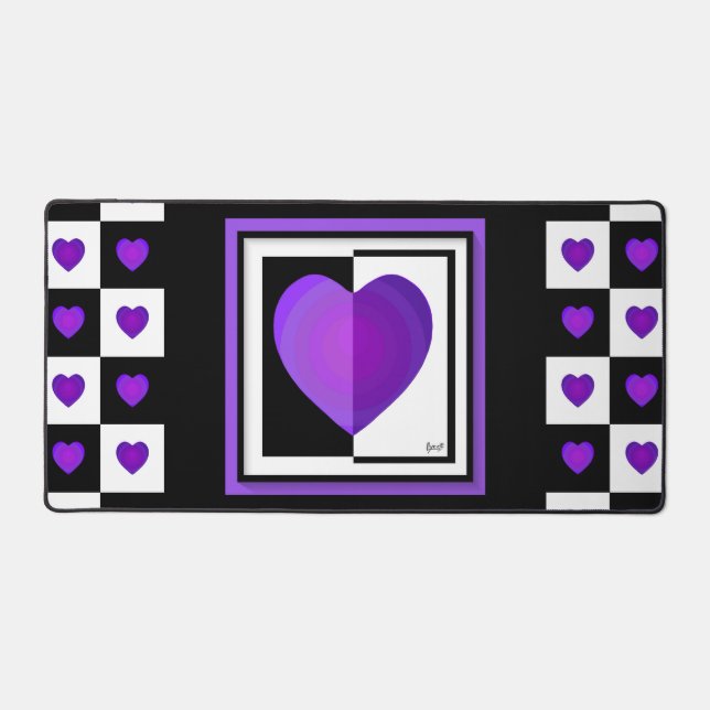 B&W Purple Hearts Beating Desk Mat (Front)