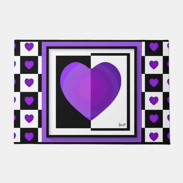 B&W Purple Hearts Beating Doormat (Front)