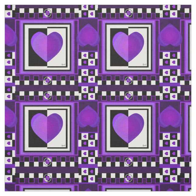 B&W Purple Hearts Beating Fabric (Swatch)