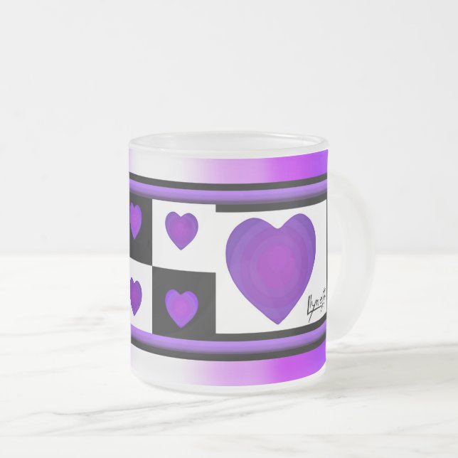 B&W Purple Hearts Beating Frosted Glass Coffee Mug (Front Right)
