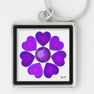 B&W Purple Hearts Beating Key Ring
