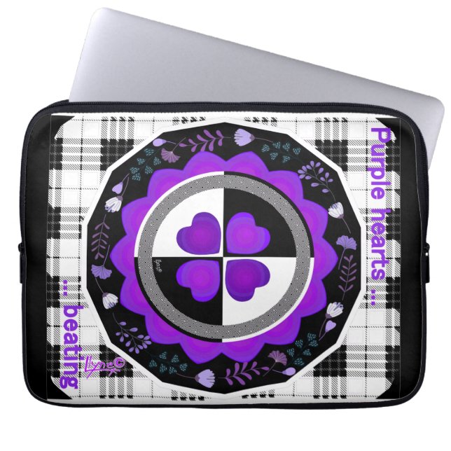 B&W Purple Hearts Beating Laptop Sleeve (Front)