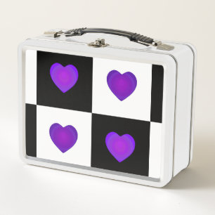 B&W Purple Hearts Beating Metal Lunch Box
