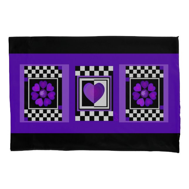 B&W Purple Hearts Beating Pillowcase (Front)